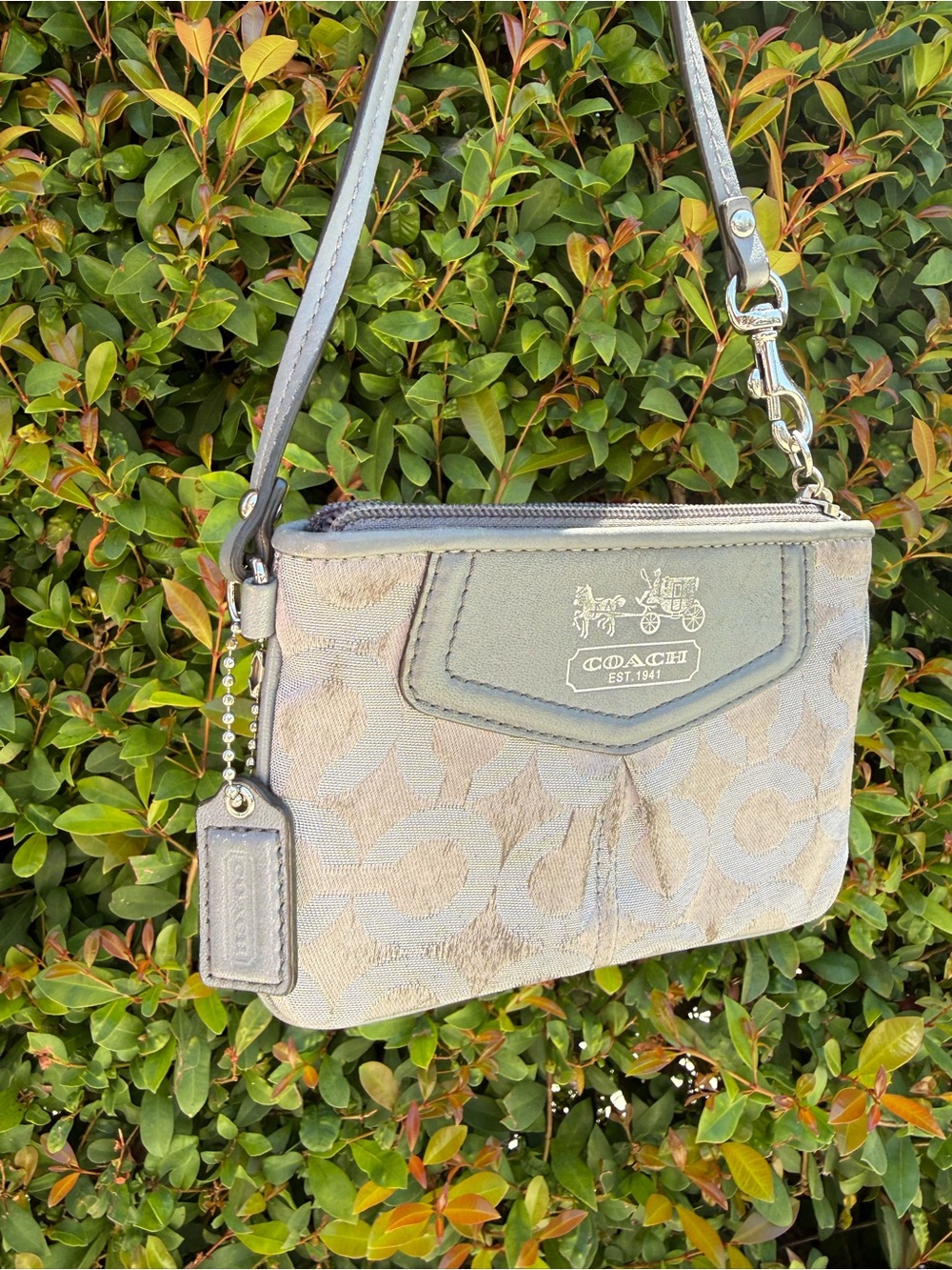Coach Gray Logo Jacquard Mini Crossbody Wristlet